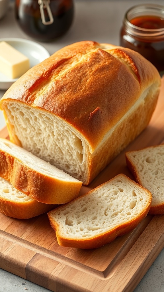 Homemade Sandwich Bread in a Bread Maker Freshly baked sandwich bread loaf sliced on a wooden board with jam and butter.